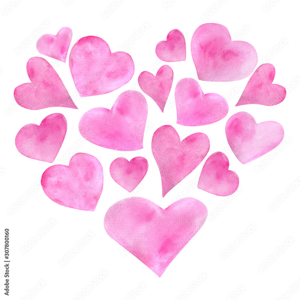 Watercolor romantic illustration for Saint Valentine's Day. Hand drawn pink hearts. Element isolated on white background for greeting cards design, wrapping, posters, printing, textile.