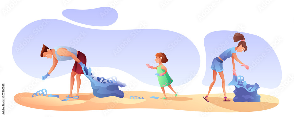 Family cleaning seaside flat vector illustration