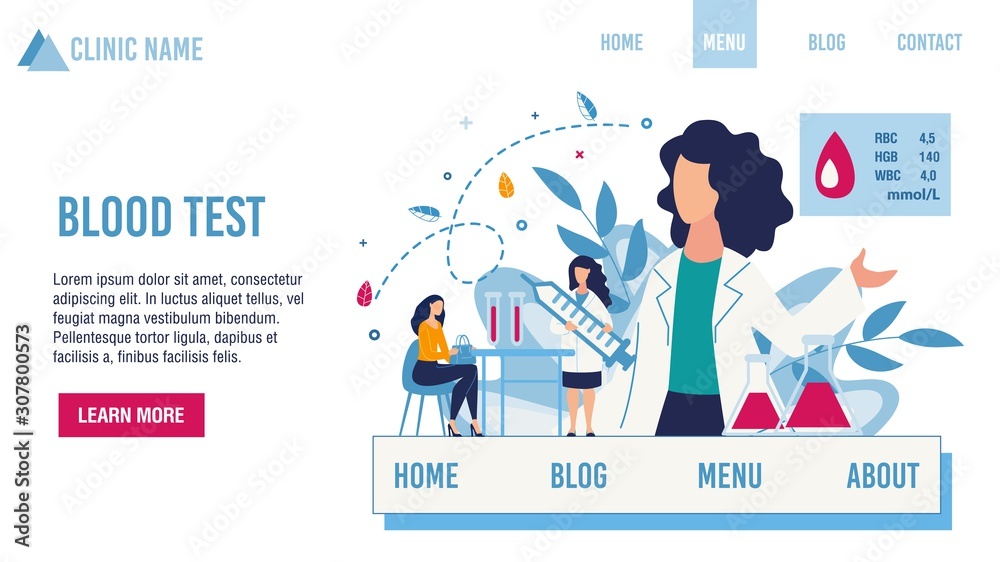 Clinic Laboratory Landing Page Offering Different Blood Test. Doctor and Patient in Lab. Sampling Red Human Liquid for Analysis, Transcript and Consultation. Vector Medical Illustration Clinic Laboratory Landing Page Offering Different Blood Test. Doctor and Patient in Lab. Sampling Red Human Liquid for Analysis, Transcript and Consultation. Vector Medical Illustration