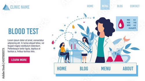 Clinic Laboratory Landing Page Offering Different Blood Test. Doctor and Patient in Lab. Sampling Red Human Liquid for Analysis, Transcript and Consultation. Vector Medical Illustration