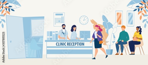 Clinic Reception Room with Doctor Medical Staff and Patients Cartoon. Hospital Hallway Interior. Medicine and Healthcare. Consultation and Medical Diagnosis during Sickness. Vector Flat Illustration