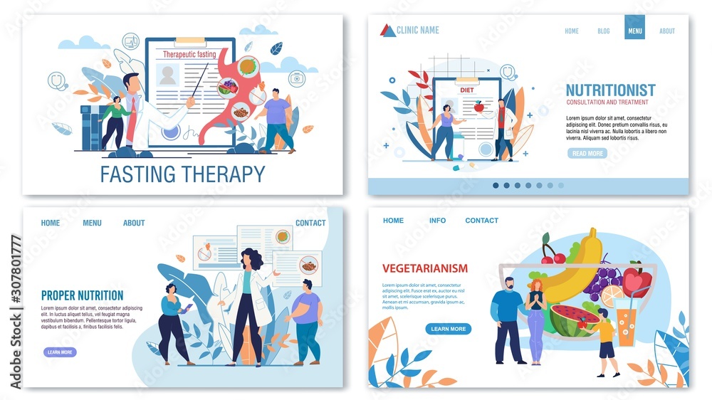 Proper Nutrition, Diet, Vegetarianism and Fasting Treatment Methods for Obese People. Trendy Flat Landing Page Design Set. Nutritionist Consultation. Medical Professional Approach. Vector Illustration