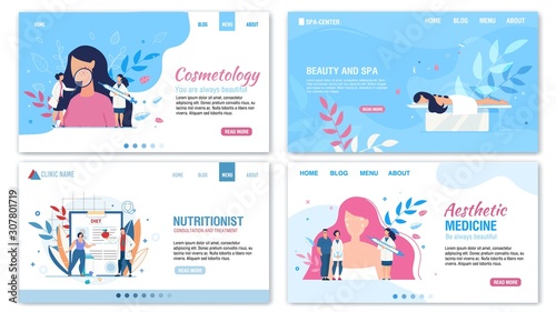 Women Beauty and Proper Nutrition Services Flat Landing Page Set. Cosmetology and Aesthetic Medicine. Personal Nutritionist Consultation and Treatment. Spa Salon. Vector Cartoon Illustration