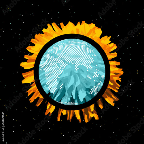 Global warming effect or ice age on the Earth, vector frozen globe concept image