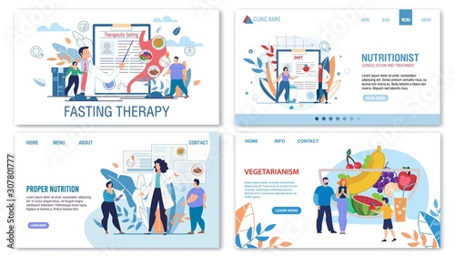 Proper Nutrition, Diet, Vegetarianism and Fasting Treatment Methods for Obese People. Trendy Flat Landing Page Design Set. Nutritionist Consultation. Medical Professional Approach. Vector Illustration