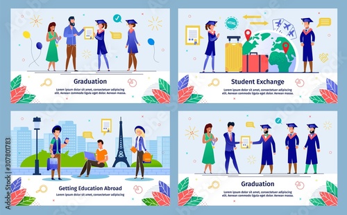 International Students Education, University Students Exchange Program, College Graduation Trendy Flat Vector Banners, Posters Templates Set. Traveling Students, Graduation Ceremony Illustration
