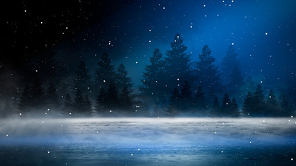 Empty night nature scene. The night starry sky, the rays of the blue neon spotlight. Snowy winter night background.