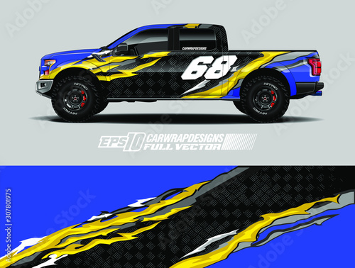 vehicle graphic livery design vector. Graphic abstract stripe racing background designs for wrap cargo van, race car, pickup truk, adventure vehicle.