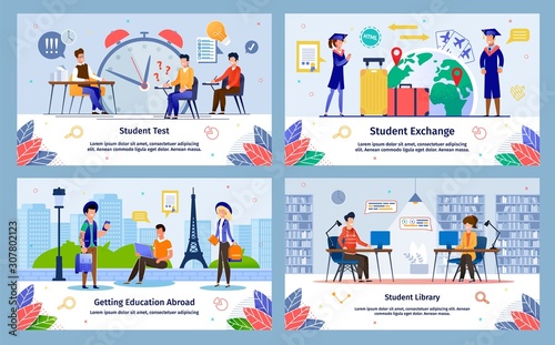 Students Exchange  Education Abroad  College Test  College  University Library Trendy Flat Vector Banner  Poster Templates Set. Female  Male Student Studying Taking Exams  Traveling World Illustration