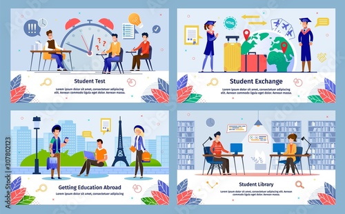 Students Exchange, Education Abroad, College Test, College, University Library Trendy Flat Vector Banner, Poster Templates Set. Female, Male Student Studying Taking Exams, Traveling World Illustration