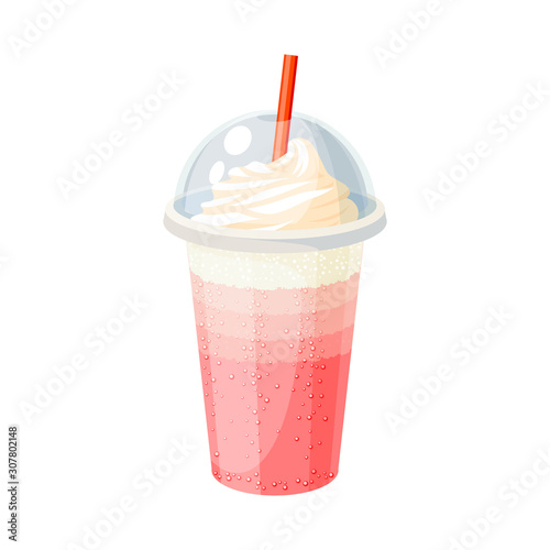 Glass of ice cream soda with cap and straw. Vector illustration cartoon flat icon isolated on white.