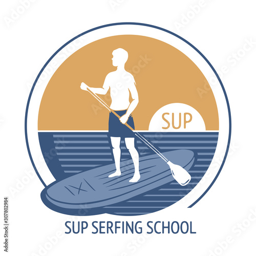 SUP serfing school, paddleboarding singn logo. Man standing up on a paddle board. Vector illustration, isolated silhouette.
