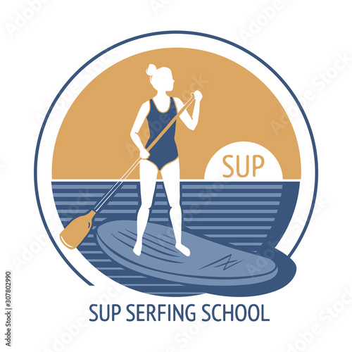 SUP serfing school, paddleboarding singn logo. Woman standing up on a paddle board. Vector illustration, isolated silhouette.