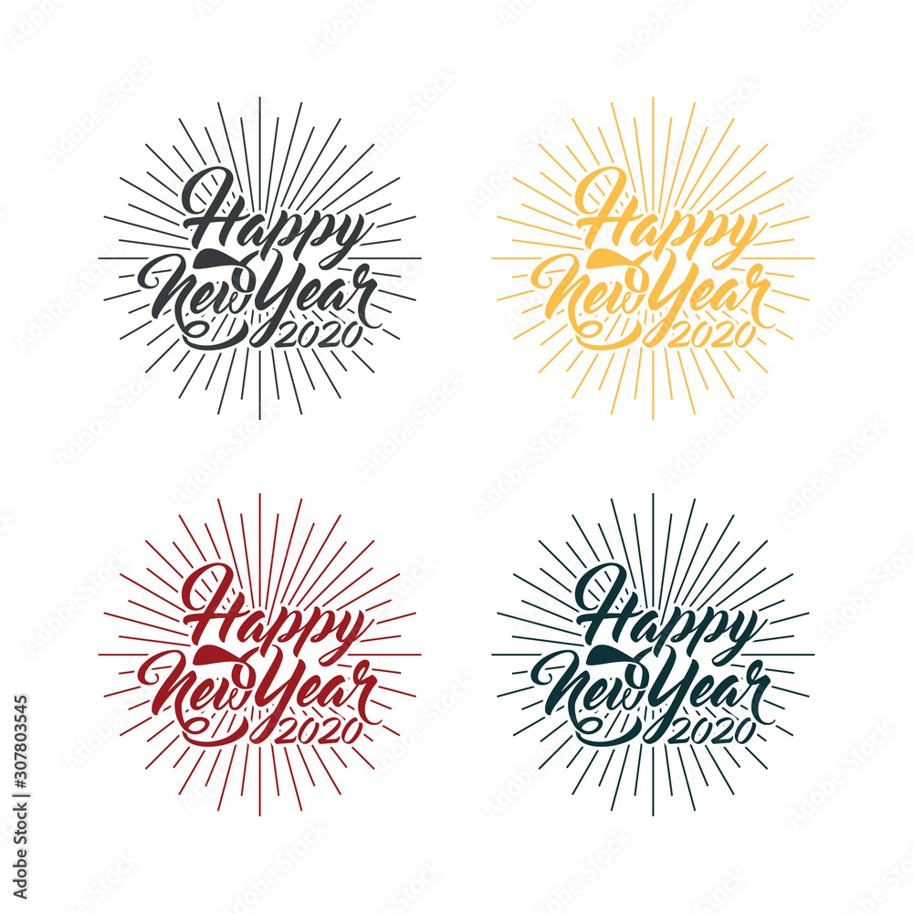 Happy 2020 New Year. Holiday Vector Illustration With Lettering Composition And Burst. Vintage festive label Happy 2020 New Year. Holiday Vector Illustration With Lettering Composition And Burst. Vintage festive label