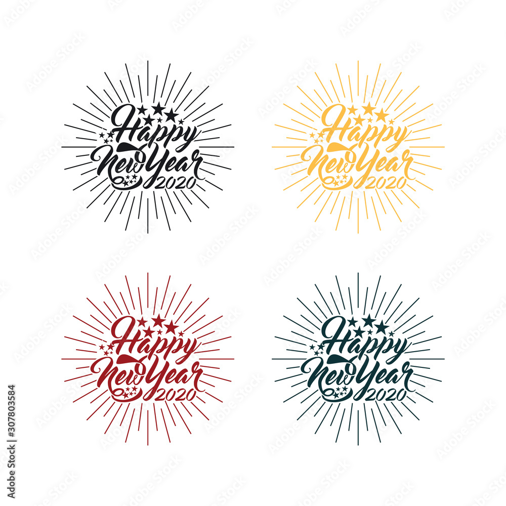 Happy 2020 New Year. Holiday Vector Illustration With Lettering Composition And Burst. Vintage festive label Happy 2020 New Year. Holiday Vector Illustration With Lettering Composition And Burst. Vintage festive label