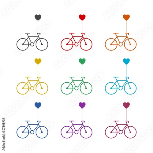 Bicycle and heart color icon set logo isolated on white background