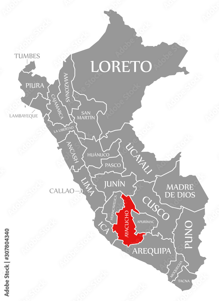 Ayacucho red highlighted in map of Peru