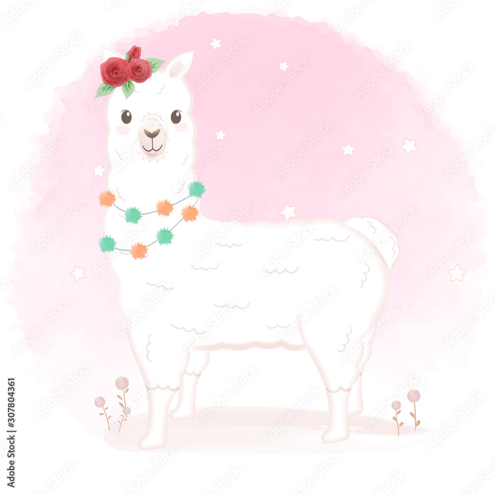 Naklejka premium Llama with rose hand drawn cartoon illustration watercolor background