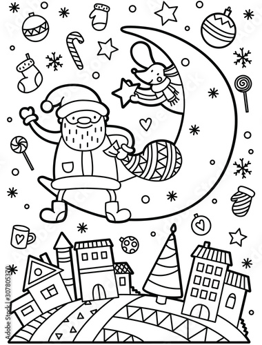 Cute mouse with Santa Claus are sitting on the moon in the snow town. Design for printed tee and coloring book page for kids. Black outline vector illustration. New Year story.