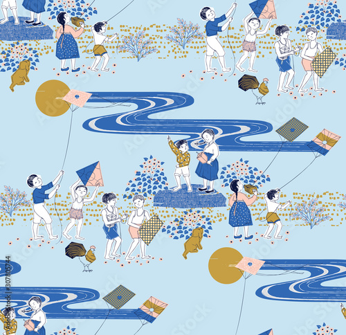 Vector seamless background illustration of Korean town kids. The modern design of Korea. Design for fabric, web design, print project, and rapping	