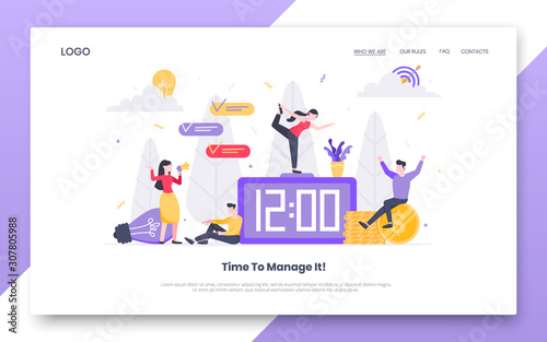 Business time management internet landing page concept template with people characters working together on clock, money. Teamwork concept flat style design vector illustration.