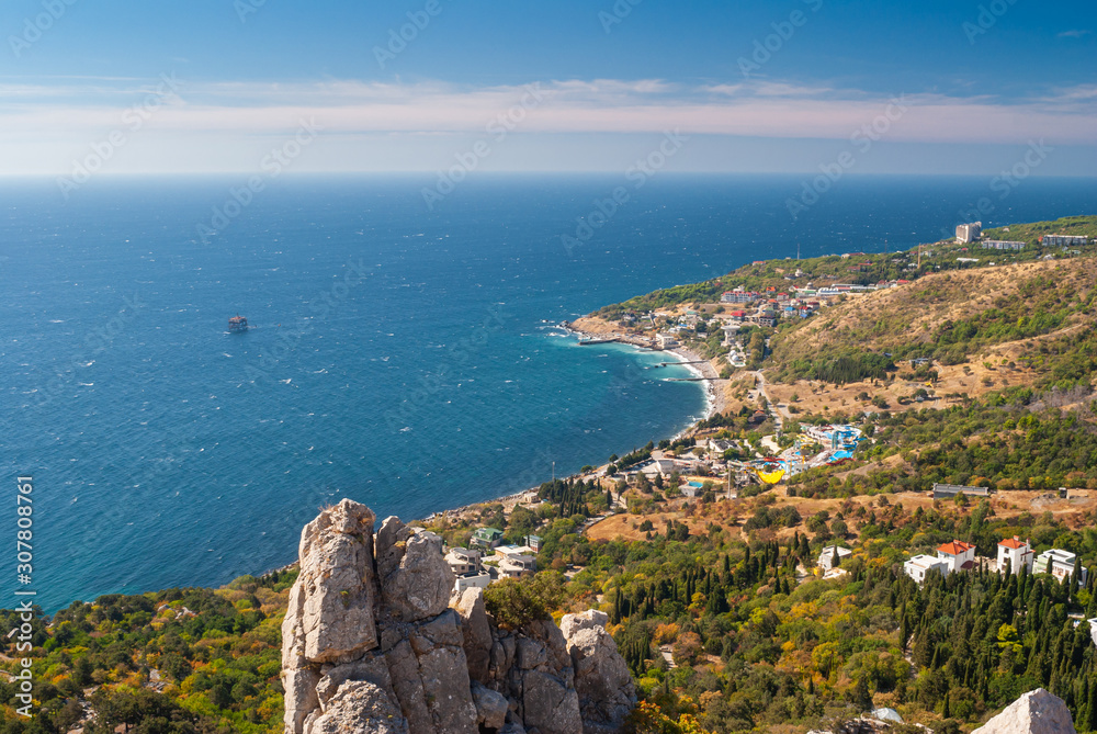 View from nearest mountains on wonderful Blue Bay near Simeiz town Crimea, Ukraine