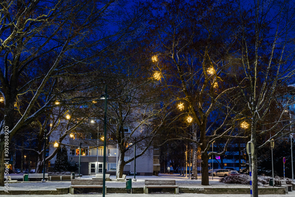 Christmas decorations in the central park of Kouvola with evening light illumination.