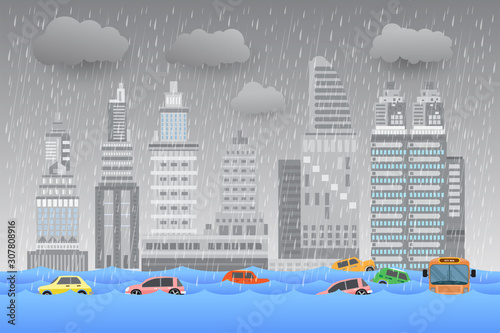 city ​​flood, Heavy rain , water in city street,vector illustration