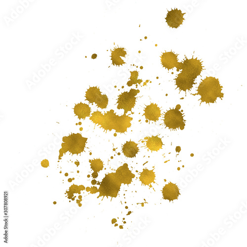 Watercolor gold paint splashes pattern, smear liquid stains splatter background. Paint stains grunge background.