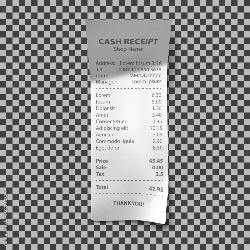Naklejka premium Shop receipt realistic isolated vector illustration. Direct paper payment bill with goods and their price, tax and total amount