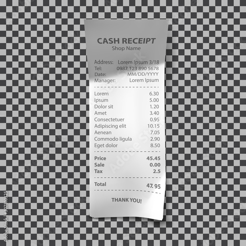 Shop receipt realistic isolated vector illustration. Direct paper payment bill with goods and their price, tax and total amount