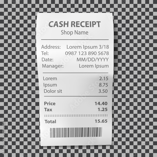 Shop receipt realistic isolated vector illustration. Direct paper payment bill with goods and their price, tax and total amount