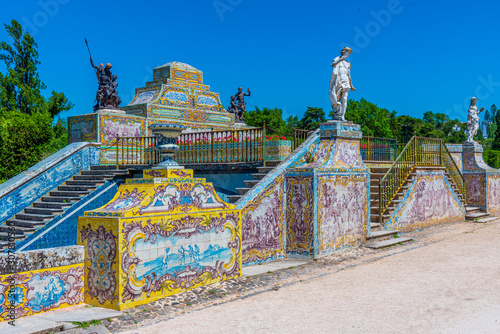 Channel decorated by azulejo tiles at the national palace of Queluz in Lisbon, Portugal