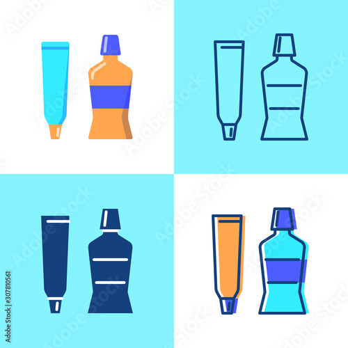 Toothpaste and mouth wash icon set in flat and line style