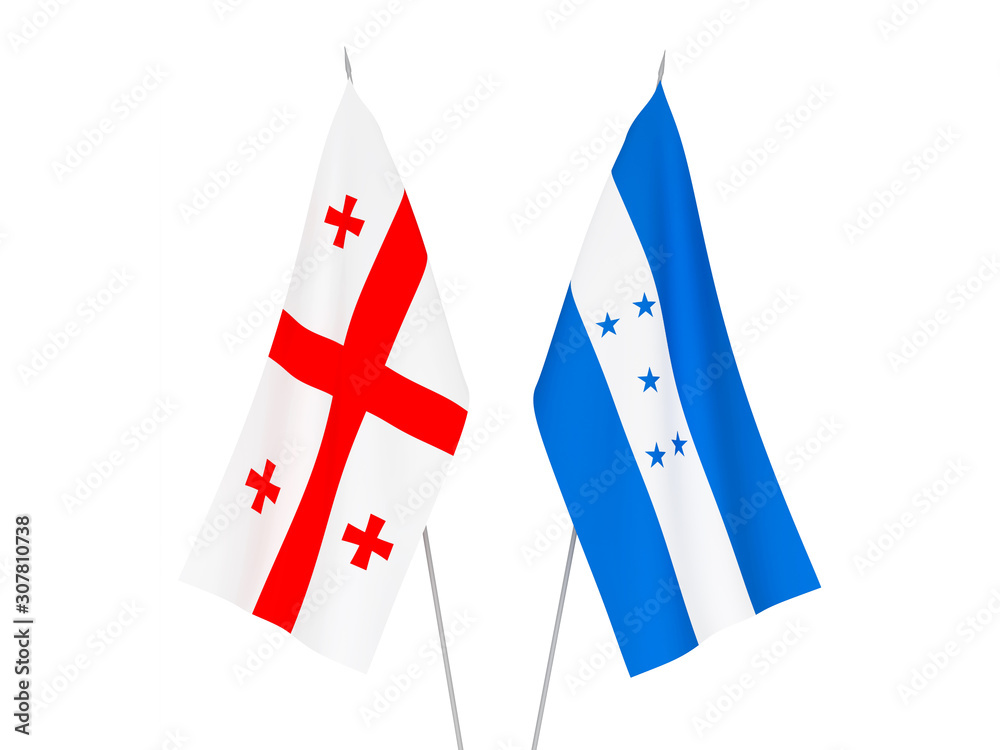 National fabric flags of Honduras and Georgia isolated on white background. 3d rendering illustration.