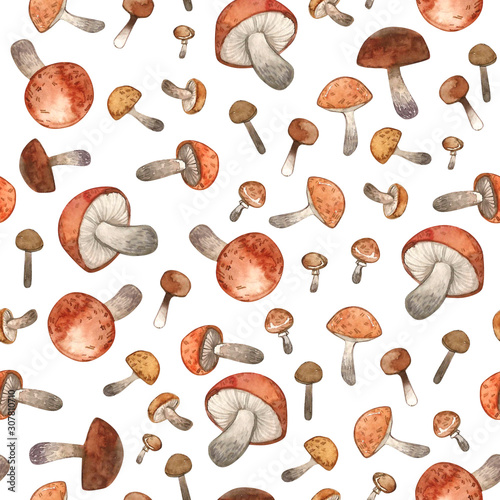 Watercolor seamless pattern with branches and berries. Set of mushrooms. Forest design elements. Hello Autumn! Perfect for seasonal advertisement, invitations, cards