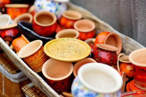 Ceramic dishes  tableware and jugs sold on Easter market in Vilnius  Lithuania