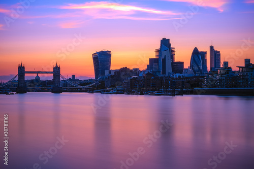 Long exposure  Tower bridge and London cityscape with river Thames