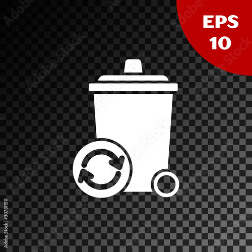 White Recycle bin with recycle symbol icon isolated on transparent dark background. Trash can icon. Garbage bin sign. Recycle basket sign. Vector Illustration