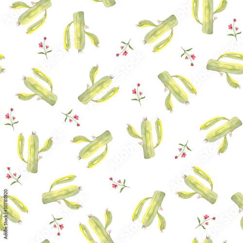 Seamless pattern of watercolor cacti and flowers on a white background. Use for invitations, birthdays, menus