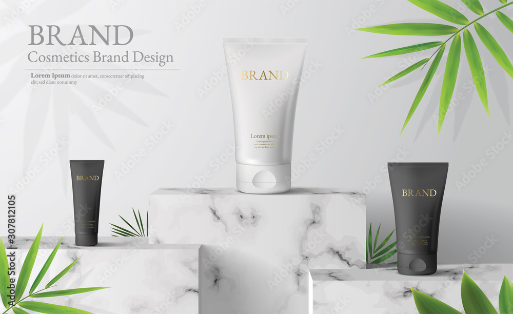 White marble Square podium in white background. decor by palm leaves and blank Brand product mockup scene stage for ads product, sale, banner, presentation, cosmetic, offer. 3d illustration vector. - obrazy, fototapety, plakaty 