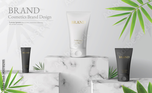 White marble Square podium in white background. decor by palm leaves and blank Brand product mockup scene stage for ads product, sale, banner, presentation, cosmetic, offer. 3d illustration vector.