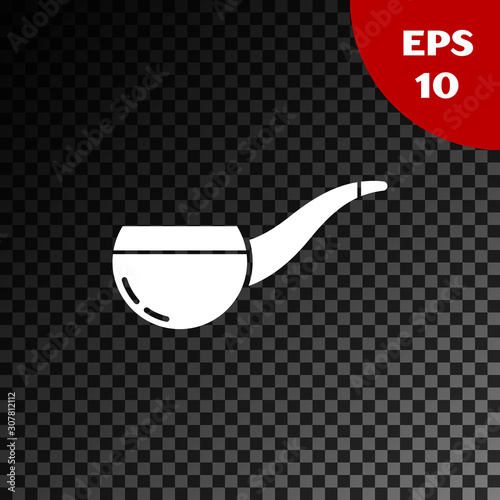 White Smoking pipe with smoke icon isolated on transparent dark background. Tobacco pipe. Vector Illustration