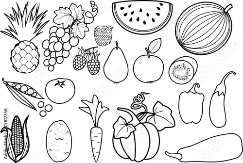 Coloring page. Big set of different fruits and vegetables