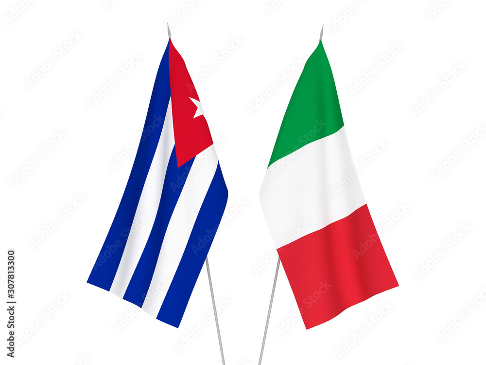 National fabric flags of Italy and Cuba isolated on white background. 3d rendering illustration.