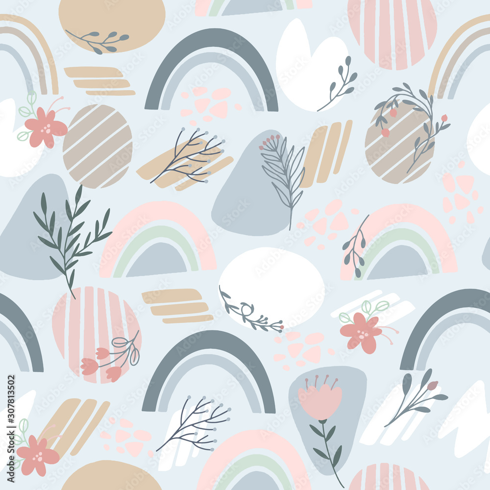 Vector seamless pattern in gentle pastel colors. abstract spots, geometric shapes and plants minimalistic universal background. abstract doodles