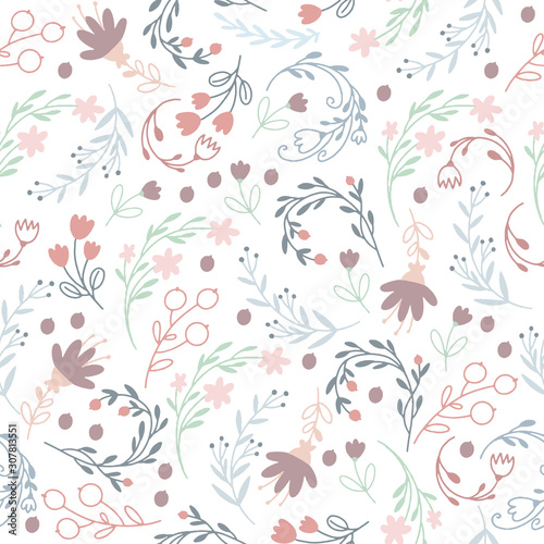Vector seamless pattern in gentle pastel colors. flowers and plants on the lawn. minimalistic universal background