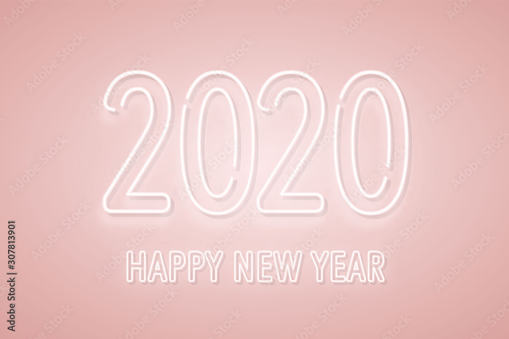 2020 New Year neon signboard. 2020 neon numbers on pink background. Vector festive banner concept design.