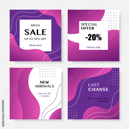 Modern promotion square web banner for social media mobile apps. Sale and discount promo backgrounds with abstract fluid pattern. Vector layouts.