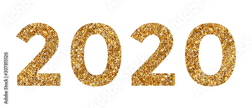 Number 2020 in gold, sparkling numbers isolated on white background